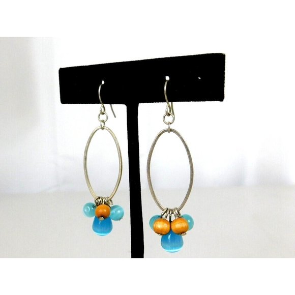 Oval Hoop Beaded Earrings Blue Brown Beads Fishhook Closure - Picture 3 of 7